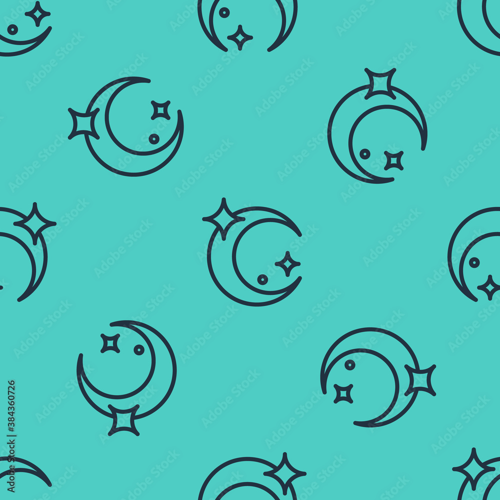 Black line Moon and stars icon isolated seamless pattern on green background. Vector.