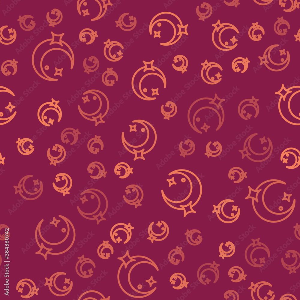 Brown line Moon and stars icon isolated seamless pattern on red background. Vector.