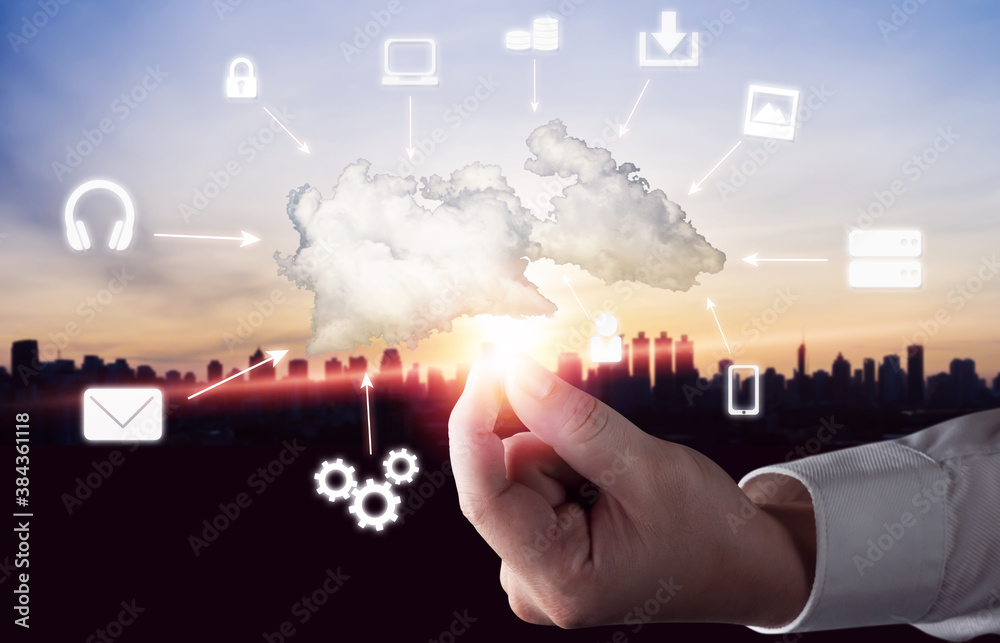 Cloud computing technology and online data storage for global data sharing. Computer connects to int