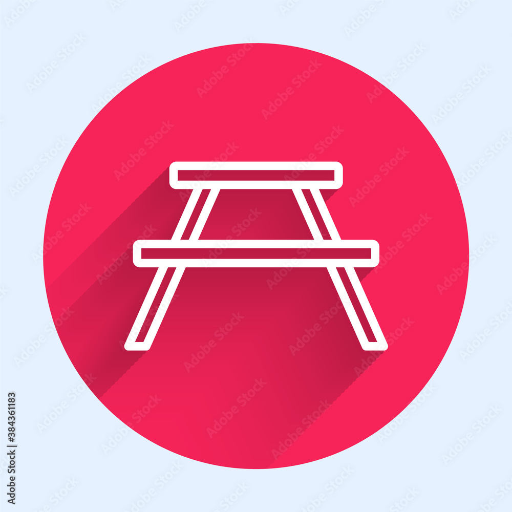 White line Picnic table with benches on either side of the table icon isolated with long shadow. Red