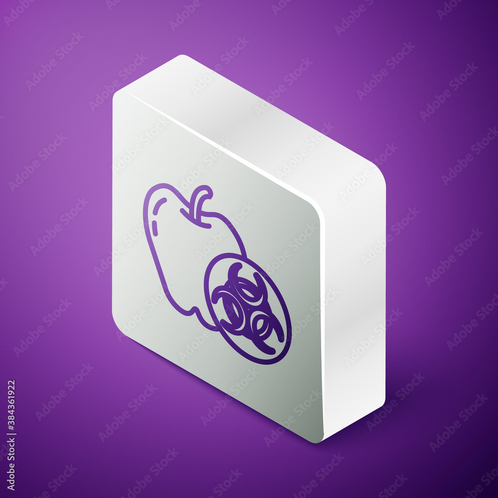 Isometric line Genetically modified apple icon isolated on purple background. GMO fruit. Silver squa