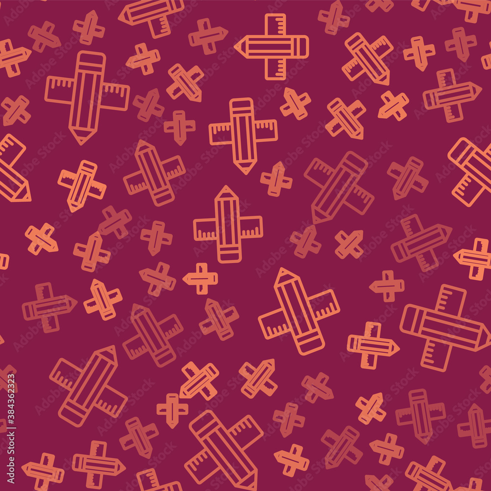 Brown line Crossed ruler and pencil icon isolated seamless pattern on red background. Straightedge s