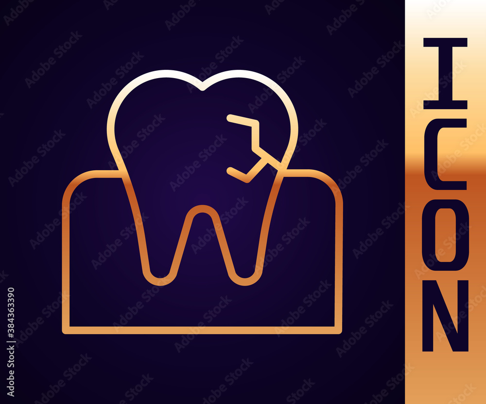 Gold line Tooth with caries icon isolated on black background. Tooth decay. Vector.