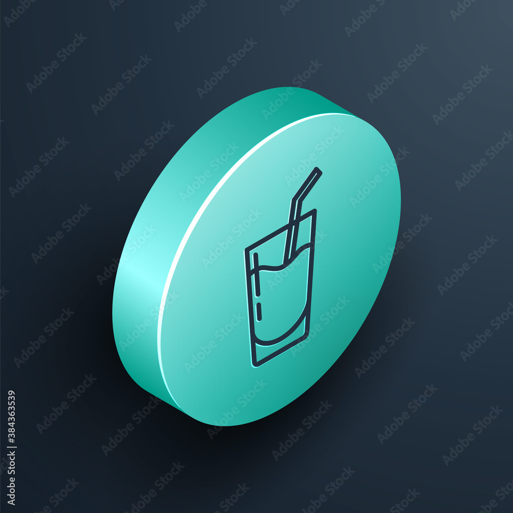 Isometric line Cocktail and alcohol drink icon isolated on black background. Turquoise circle button