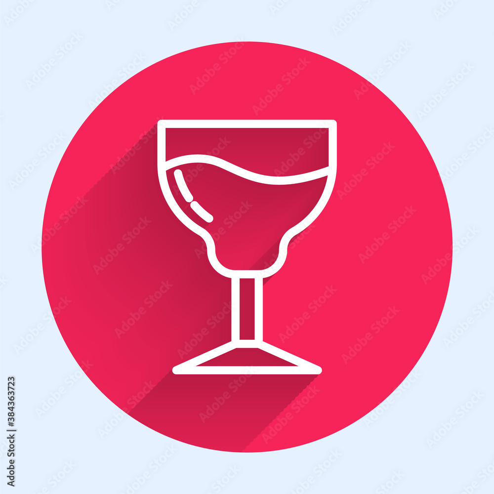 White line Wine glass icon isolated with long shadow. Wineglass sign. Red circle button. Vector.