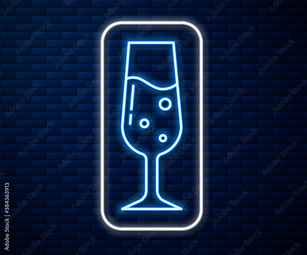 Glowing neon line Glass of champagne icon isolated on brick wall background. Vector.