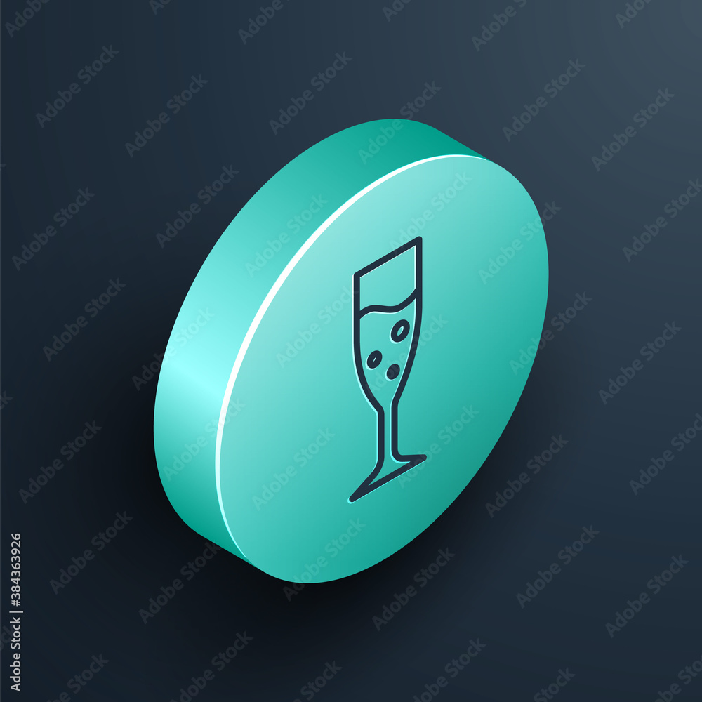 Isometric line Glass of champagne icon isolated on black background. Turquoise circle button. Vector