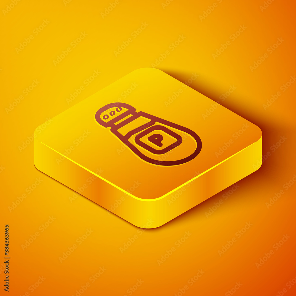 Isometric line Pepper icon isolated on orange background. Cooking spices. Yellow square button. Vect