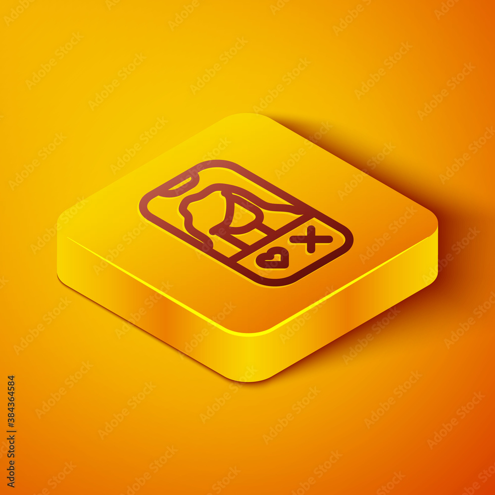 Isometric line Dating app online mobile concept icon isolated on orange background. Female male prof