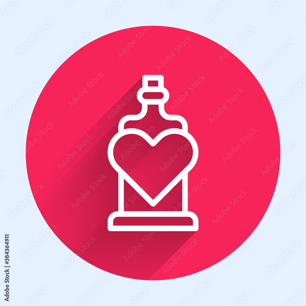 White line Bottle with love potion icon isolated with long shadow. Valentines day symbol. Red circle