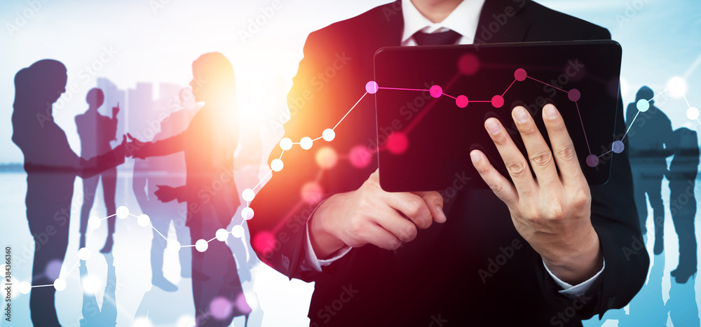 Abstract image of many business people together in group on background of city view with office buil