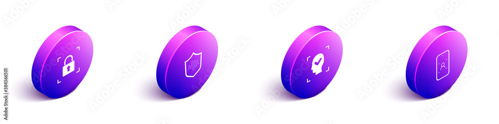 Set Isometric Fingerprint with lock, Shield voice recognition, Face and Mobile and face icon. Vector