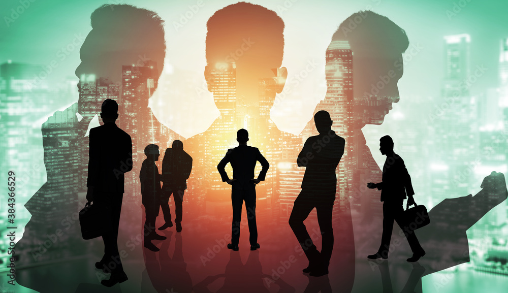 Abstract image of many business people together in group on background of city view with office buil