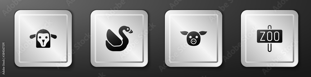 Set Sheep head, Swan bird, Pig and Zoo park icon. Silver square button. Vector.