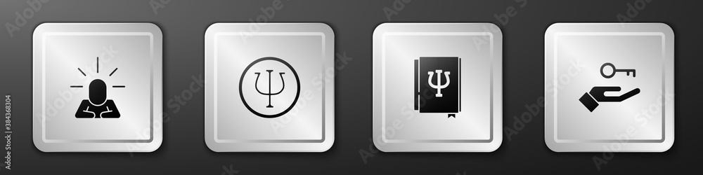 Set Depression, Psychology, Psi, book, and Solution to the problem icon. Silver square button. Vecto