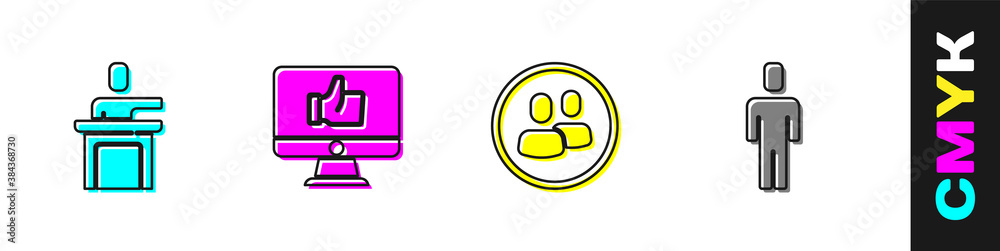 Set Speaker, Hand like, Project team base and Head hunting icon. Vector.