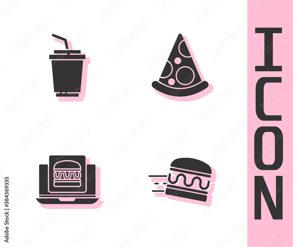 Set Online ordering burger delivery, Paper glass with water, and Slice of pizza icon. Vector.