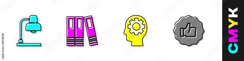 Set Table lamp, Office folders, Head with gear inside and Hand thumb up icon. Vector.