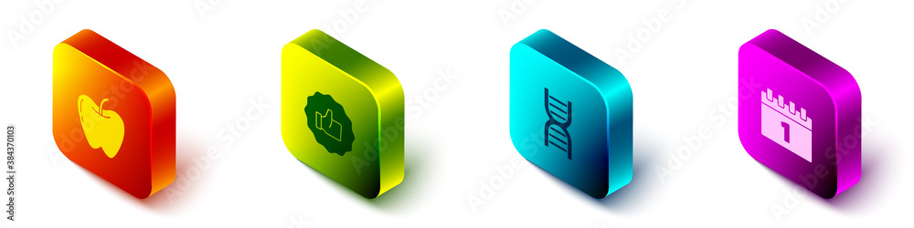 Set Isometric Apple, Hand thumb up, DNA symbol and Calendar first september date icon. Vector.