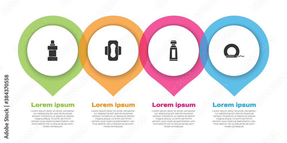 Set Bottle for cleaning agent, Sanitary napkin, Tube of toothpaste and Dental floss. Business infogr