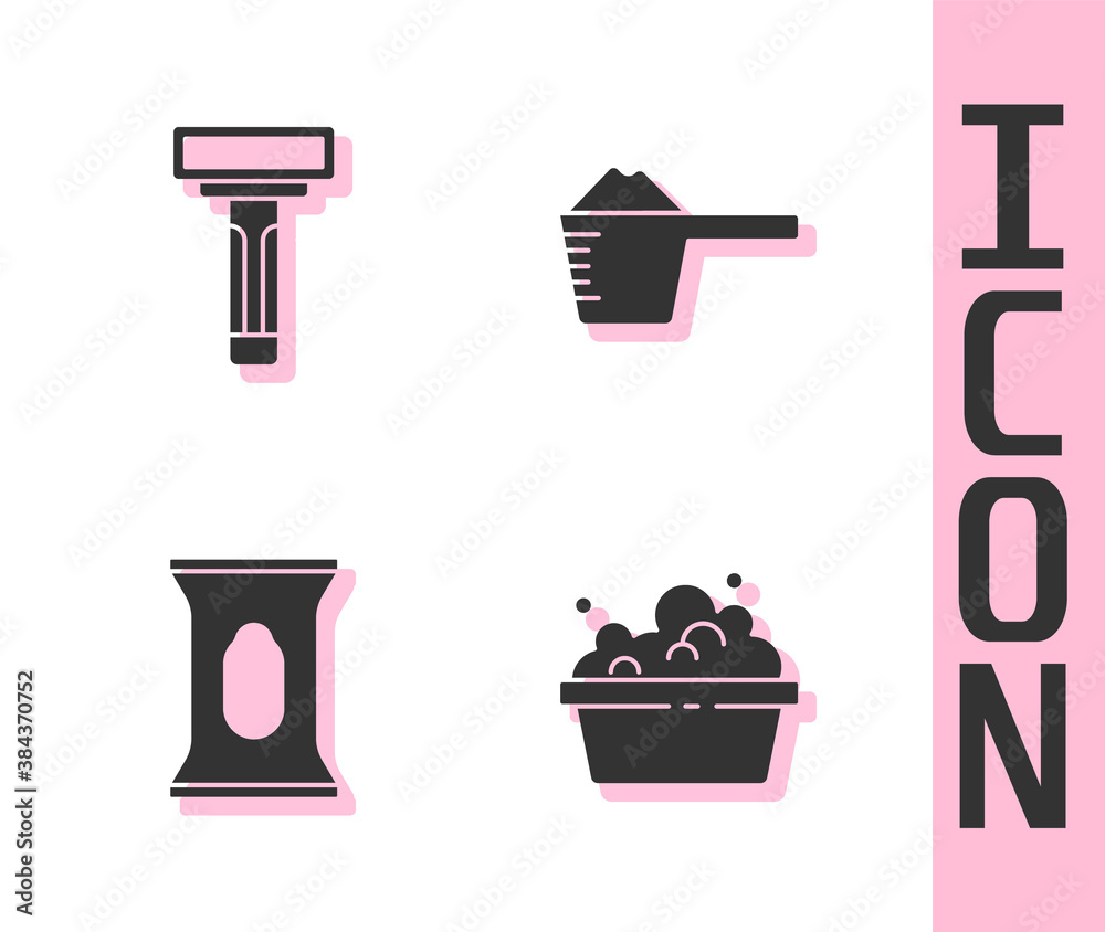 Set Basin with soap suds, Shaving razor, Wet wipe pack and Washing powder icon. Vector.