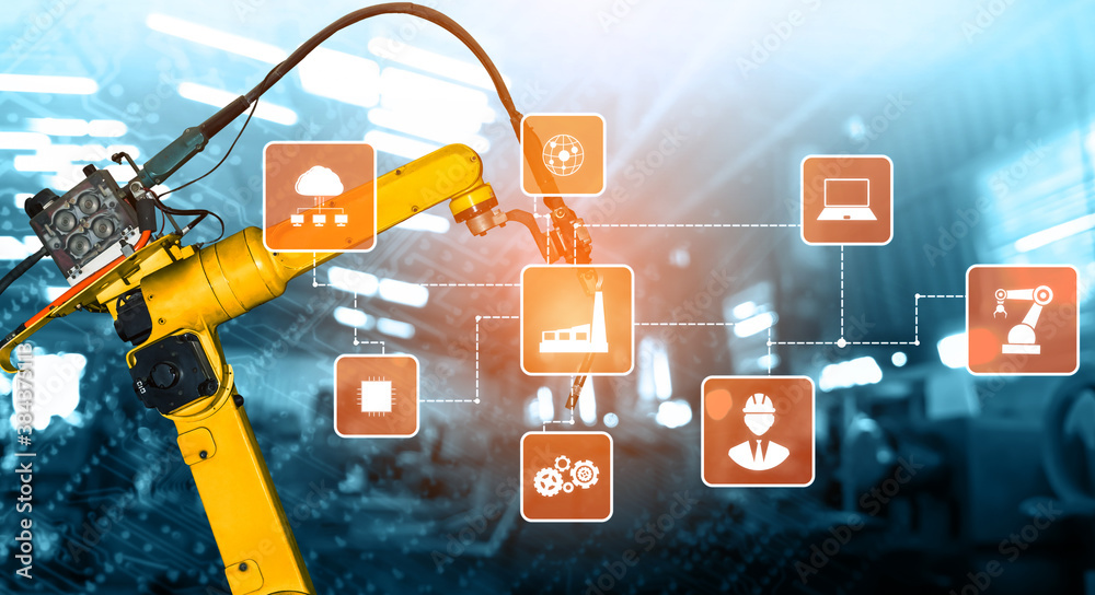 Smart industry robot arms for digital factory production technology showing automation manufacturing