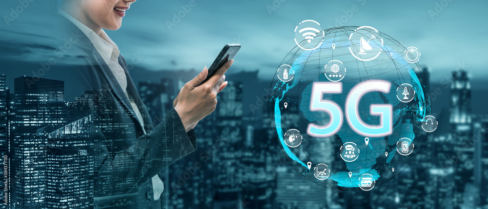 Advanced communication and global internet network connection in smart city . Concept of future 5G w