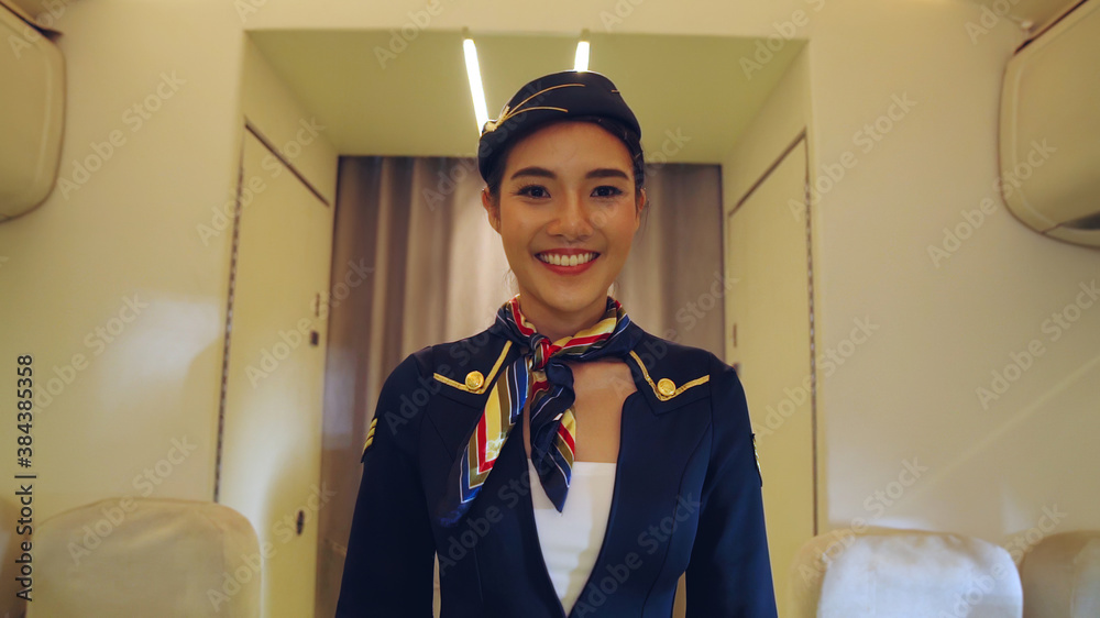 Cabin crew or air hostess working in airplane . Airline transportation and tourism concept.