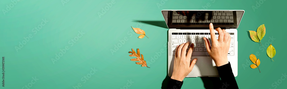 Autumn leaves with person using a laptop computer from above