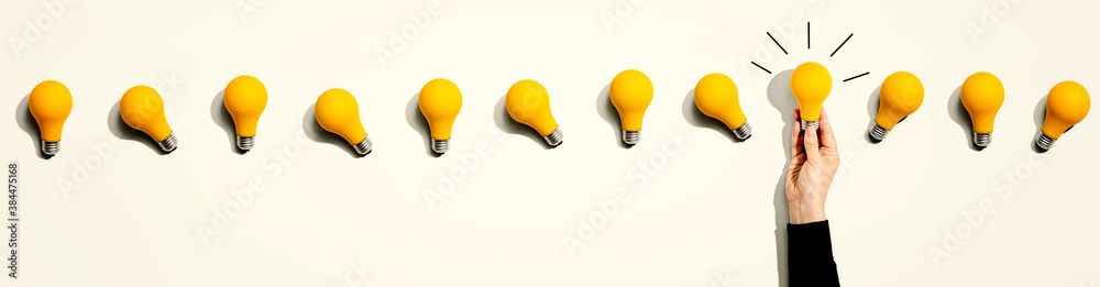 Many yellow light bulbs - Idea and creativity theme