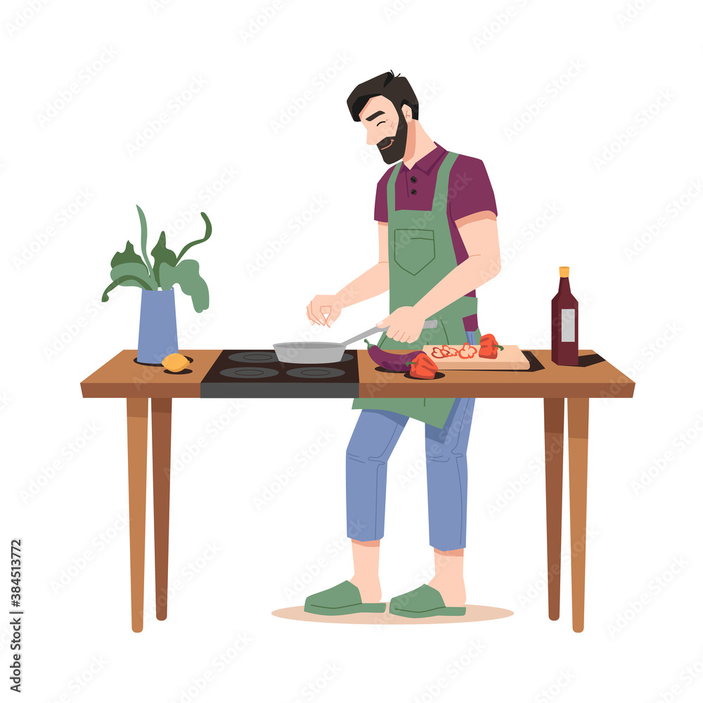 Happy guy fries food isolated flat cartoon man cooking dinner on stove-oven at wooden table with pot