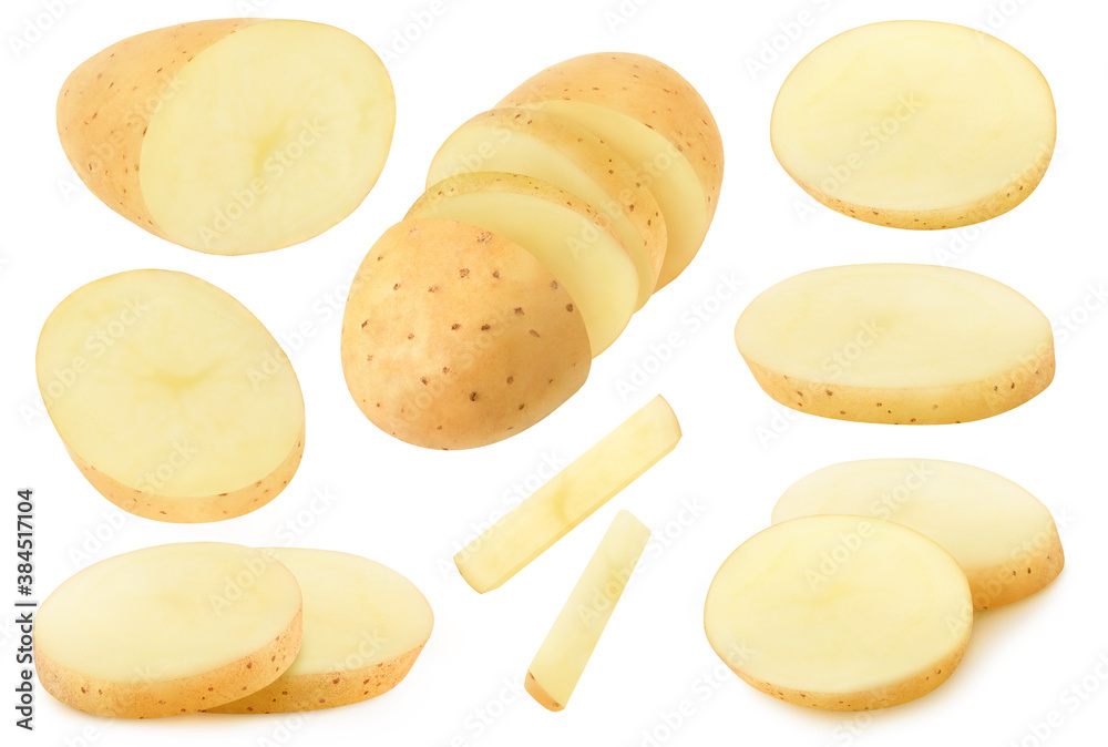 Isolated potato collection. Pieces of raw potatoes isolated on white background