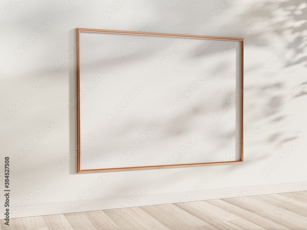 Golden frame hanging in bright interior mockup. Template of a picture framed on a wall 3D rendering