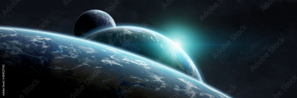 Panoramic space planets background. Panorama of distant solar system with exoplanets 3D rendering el