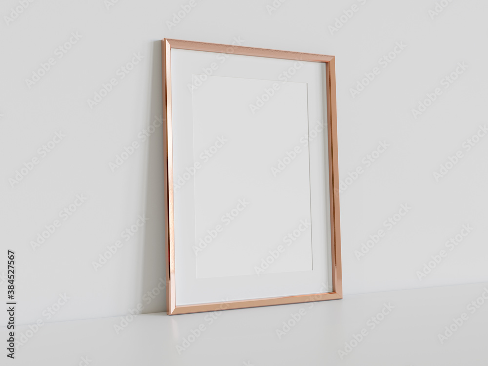 Golden frame leaning on white floor in interior mockup. Template of a picture framed on a wall 3D re