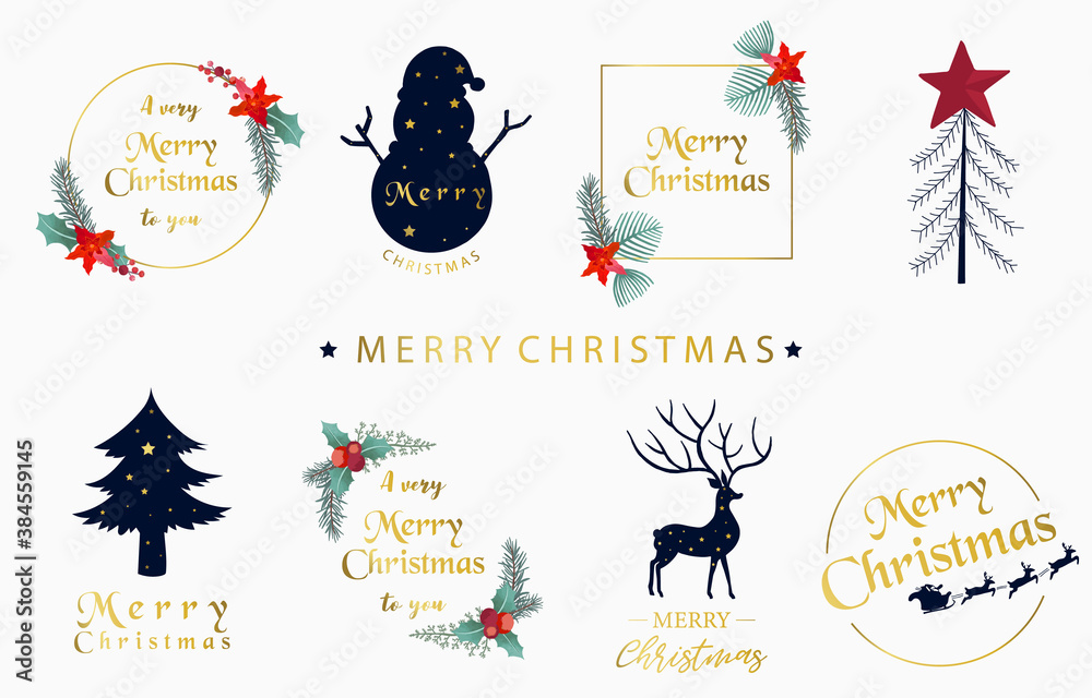 .Christmas collection with Christmas tree,snowman,wreath,flower.Vector illustration for icon,sticker