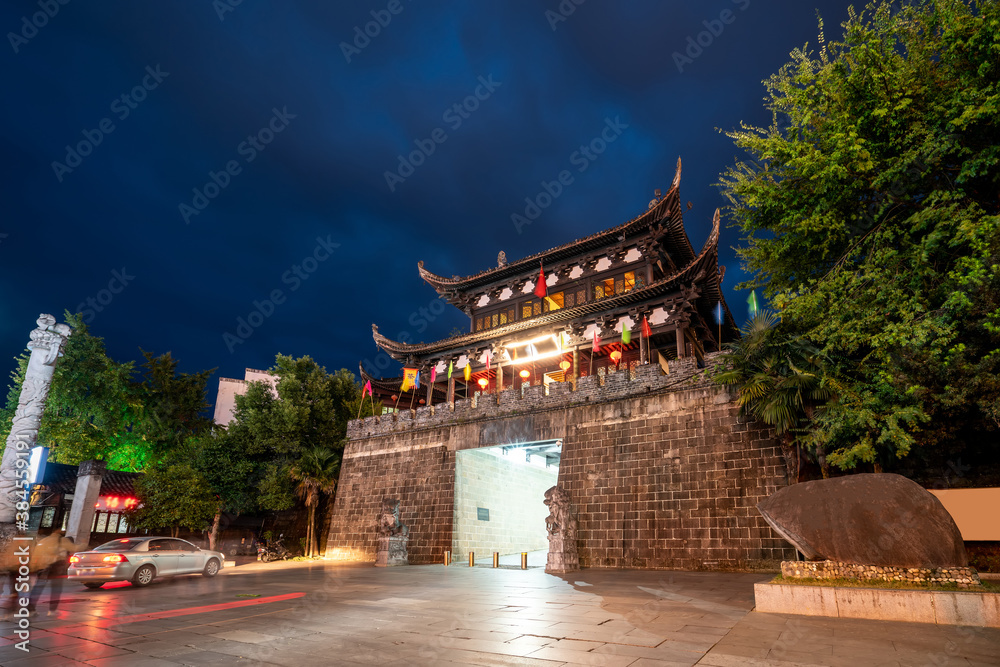 Night view of street buildings in Huizhou ancient city