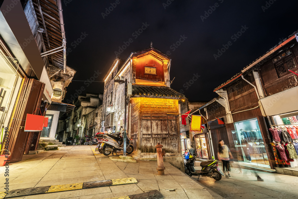 Night view of street buildings in Huizhou ancient city