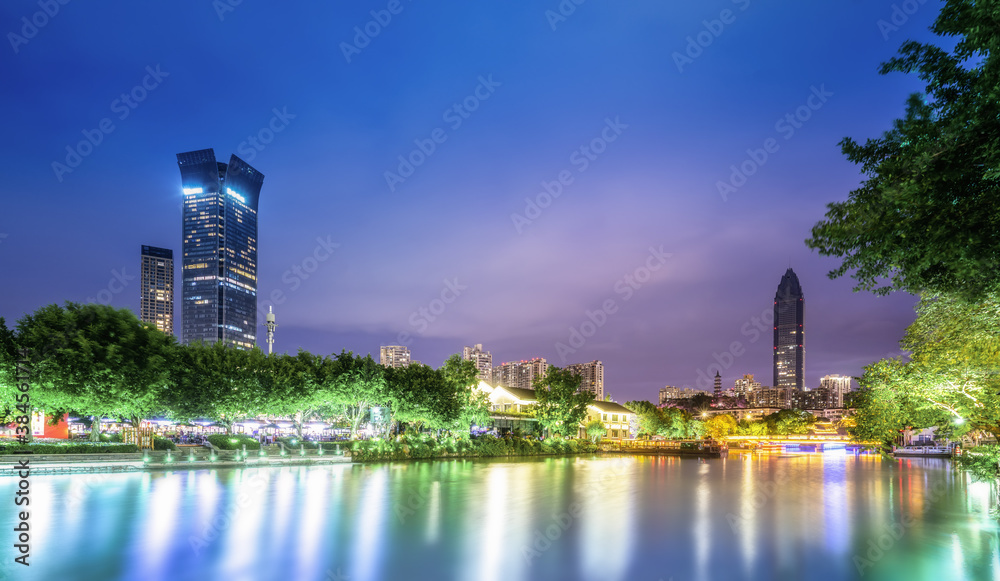 The night view of ancient buildings and modern urban buildings in Nantang Street, Wenzhou