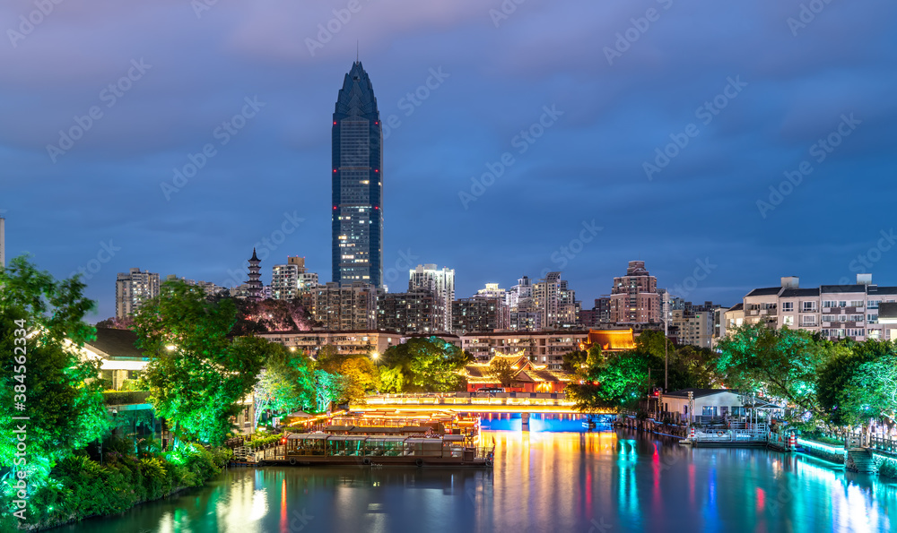 The night view of ancient buildings and modern urban buildings in Nantang Street, Wenzhou