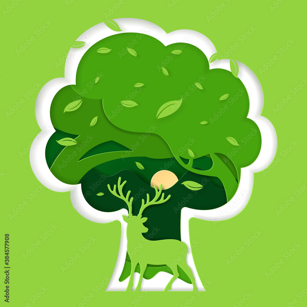 Vector illustration of ecology and save the world concept, Forest and deer wildlife with nature pape