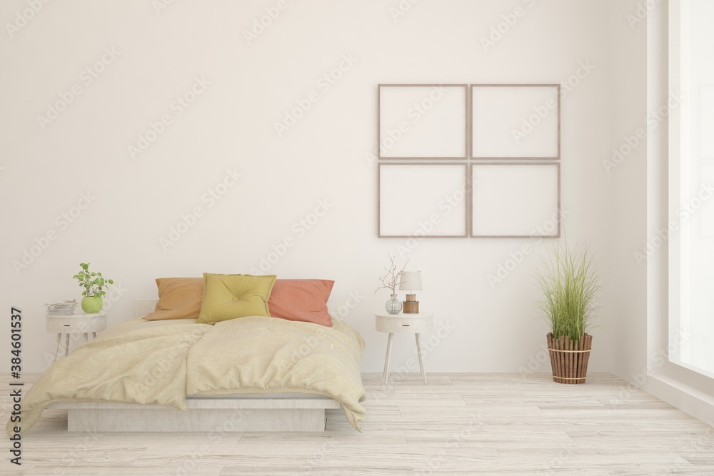 White bedroom interior. Scandinavian design. 3D illustration