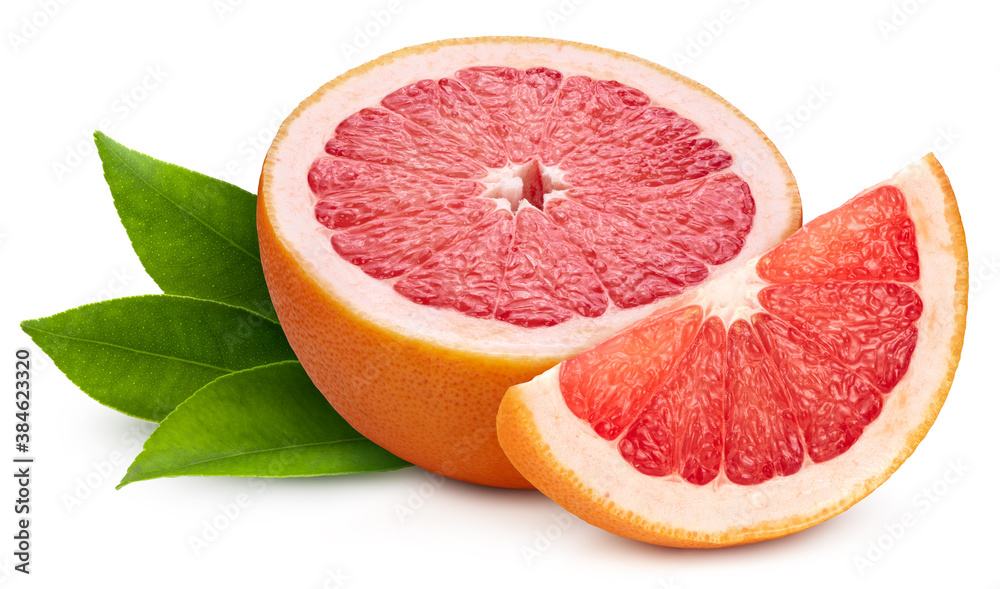 Organic grapefruit isolated on white background. Taste grapefruit with leaf. Full depth of field wit