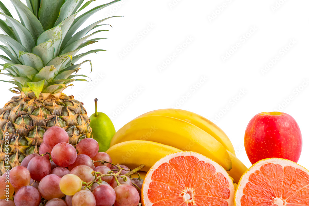 Group vegetables and Fruits Apples, grapes, oranges, and bananas in the wooden basket with carrots, 