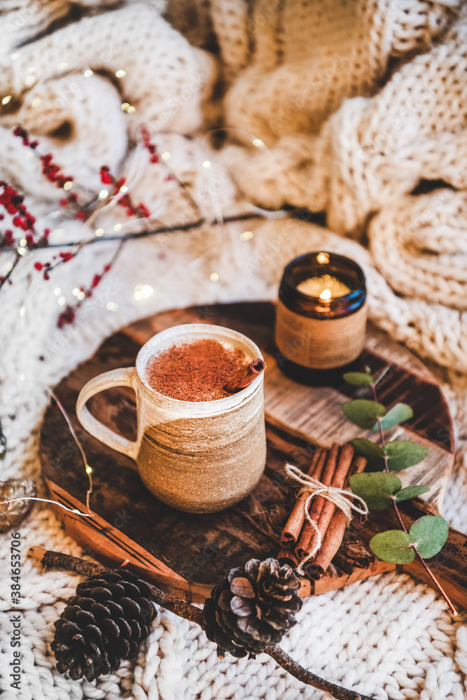 Turkish traditional wintertime hot drink Salep. Mug of sweet warming Salep drink with ground cinnamo