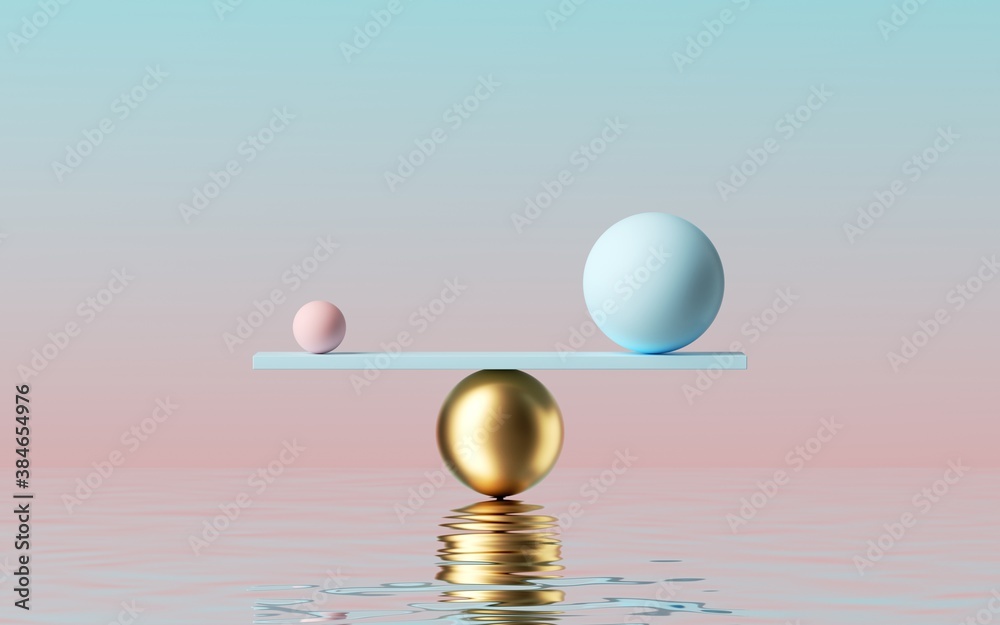 3d render, balls placed on scales with reflection in the water, isolated on pastel pink blue backgro