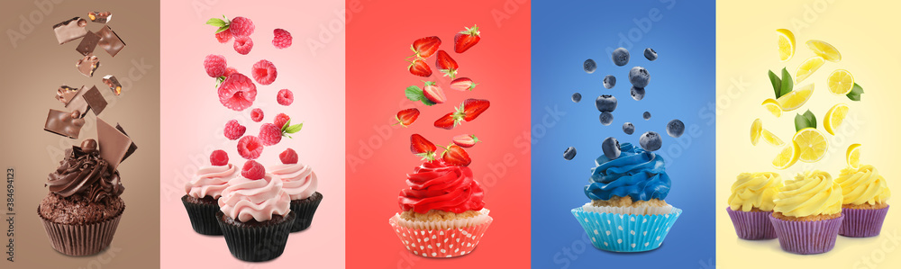 Different delicious cupcakes and flying ingredients on color background