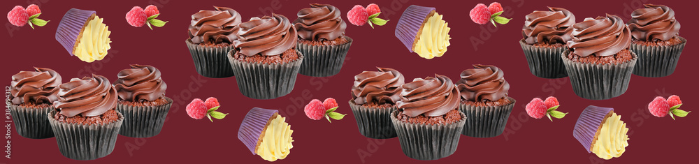 Many tasty cupcakes on color background