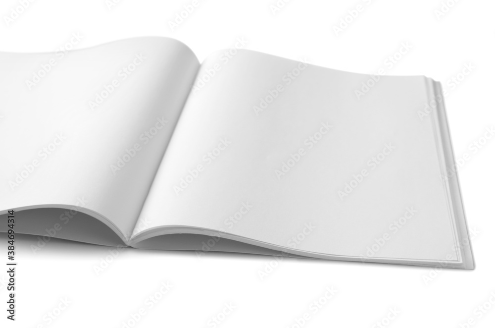 Blank pages of open magazine on white background