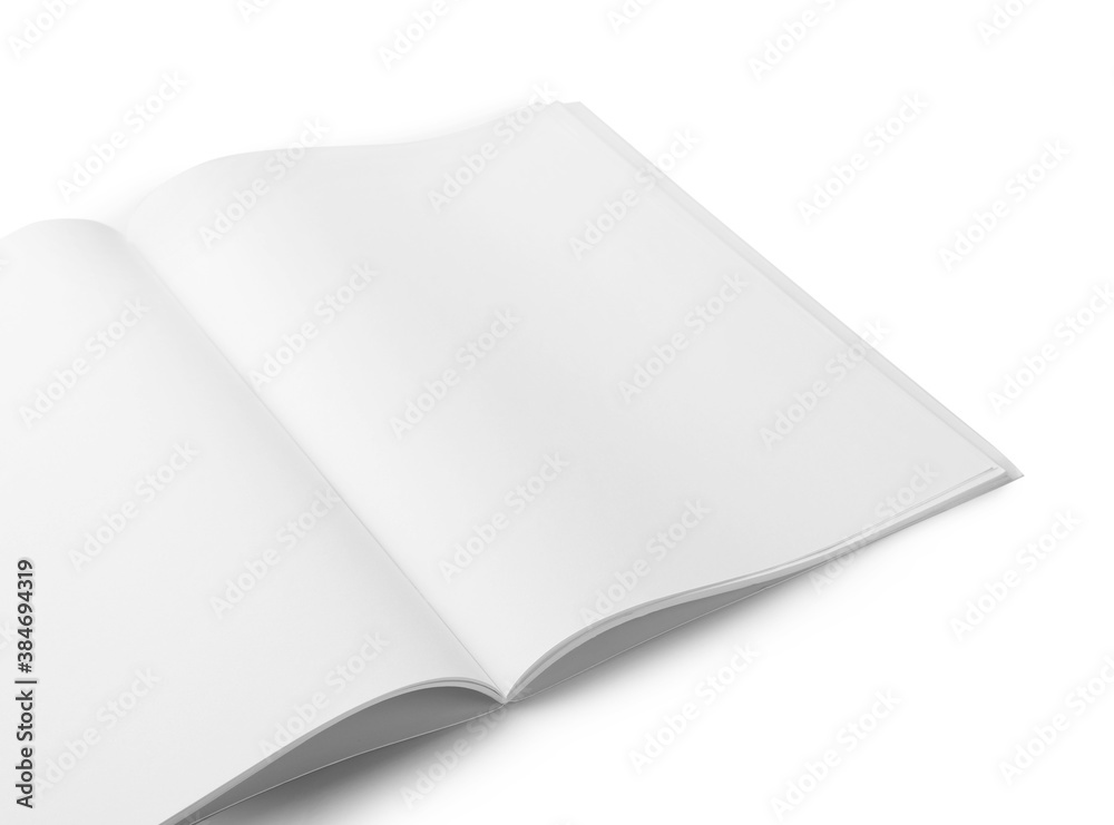 Blank pages of open magazine on white background